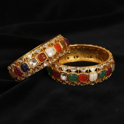 Navaratan Bangles - Diamond Bangles - 925 Silver Jewelry - 22ct Gold Plated - CZ Bangles - South indian diamond Bangles design