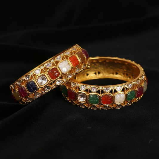 Navaratan Bangles - Diamond Bangles - 925 Silver Jewelry - 22ct Gold Plated - CZ Bangles - South indian diamond Bangles design