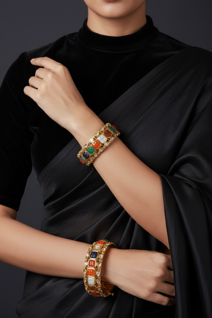 Navaratan Bangles - Diamond Bangles - 925 Silver Jewelry - 22ct Gold Plated - CZ Bangles - South indian diamond Bangles design