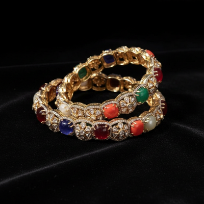 Navaratan Bangles - Diamond Bangles - 925 Silver Jewelry - 22ct Gold Plated - CZ Bangles - South indian diamond Bangles design