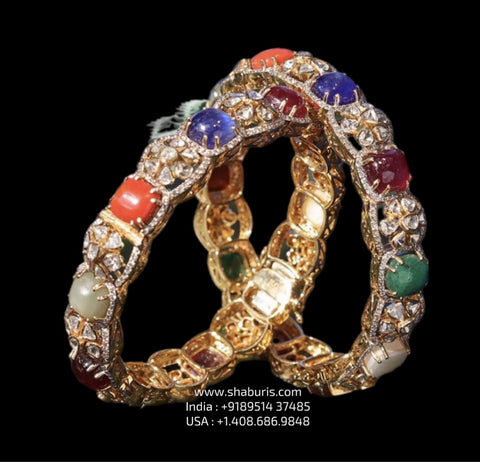 Navaratan Bangles - Diamond Bangles - 925 Silver Jewelry - 22ct Gold Plated - CZ Bangles - South indian diamond Bangles design