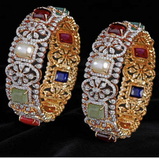 Navaratan Bangles - Diamond Bangles - 925 Silver Jewelry - 22ct Gold Plated - CZ Bangles - South indian diamond Bangles design