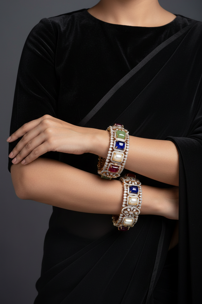 Navaratan Bangles - Diamond Bangles - 925 Silver Jewelry - 22ct Gold Plated - CZ Bangles - South indian diamond Bangles design