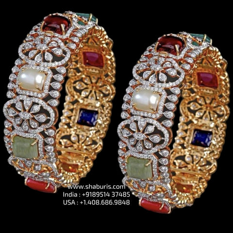 Navaratan Bangles - Diamond Bangles - 925 Silver Jewelry - 22ct Gold Plated - CZ Bangles - South indian diamond Bangles design