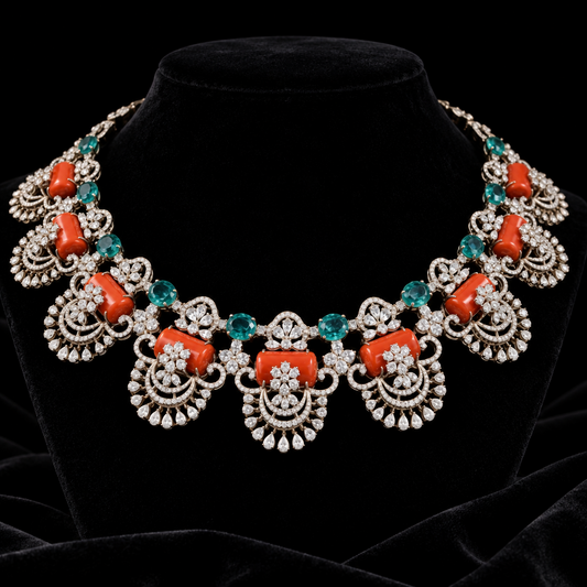 Coral Necklace Diamond necklace silver necklace 925 silver with 22k gold plated - SHABURIS