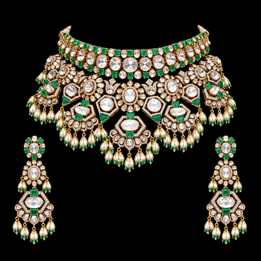 Polki necklace silver necklace 925 silver with 22k gold plated - SHABURIS