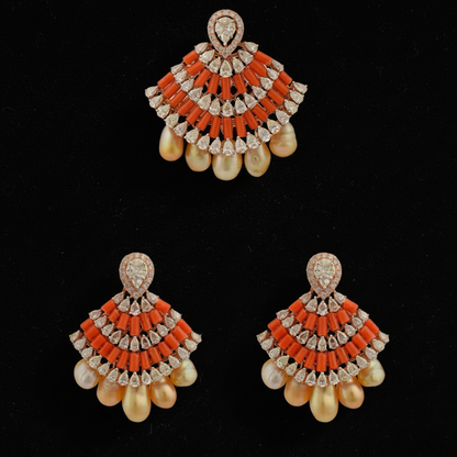 Coral pendant Diamond necklace silver necklace 925 silver with 22k gold plated - SHABURIS