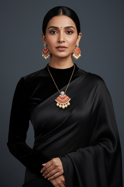 Coral pendant Diamond necklace silver necklace 925 silver with 22k gold plated - SHABURIS