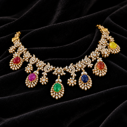 Navaratan necklace Pure Silver jewelry Indian diamond Necklace Navaratan Set - SHABURIS