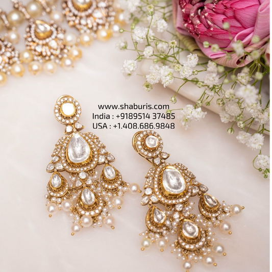 Polki Earrings 925 silver with 22k gold plated - SHABURIS