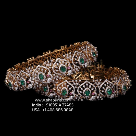 Diamond Bangles - 925 Silver Jewelry - 22ct Gold Plated - CZ Bangles - South indian diamond Bangles design