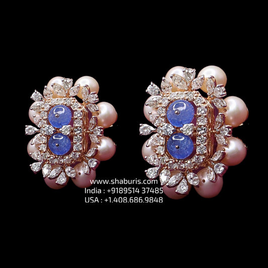 Pearl Earrings Tanzanite Polki Earrings 925 silver with 22k gold plated - SHABURIS
