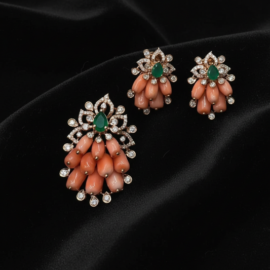 Coral Pendant set 925 silver with 22k gold plated - SHABURIS