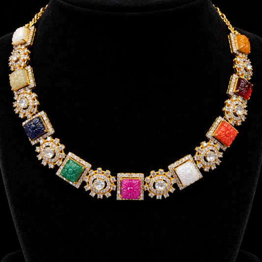 Navaratan necklace wedding jewelry silver necklace 925 silver with 22k gold plated - SHABURIS