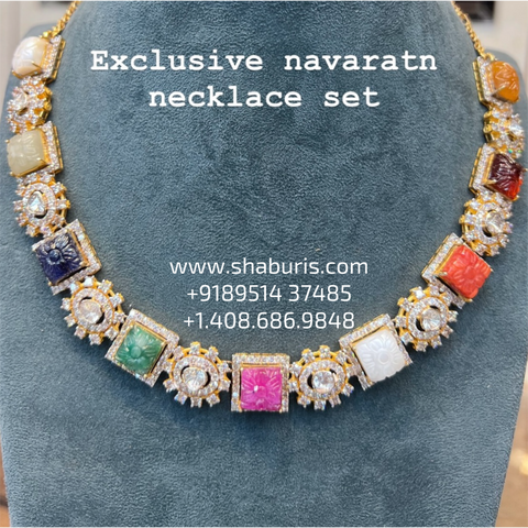 Navaratan necklace wedding jewelry silver necklace 925 silver with 22k gold plated - SHABURIS