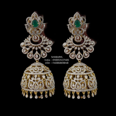 Diamond Earrings - 925 silver Jewelry,South Indian Jewelry,bridal earrings,Indian Wedding Jewelry,pure Silver indian jewelry - SHABURIS