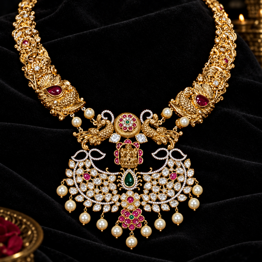Nakshi necklace temple jewelry  Pure Silver jewelry Indian polki Necklace-SHABURIS (Ready to Ship within USA)