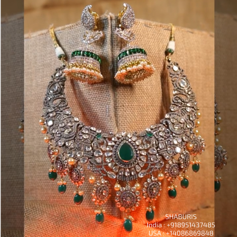 Victorian Set diamond necklace 925 silver jewelry 22k gold plated - SHABURIS