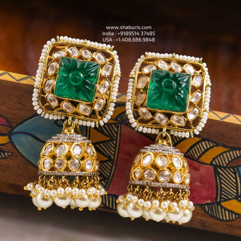 Polki Jhumkis - Diamond Studs - Cocktail Studs - 925 silver Jewelry , South Indian Jewelry,bridal choker,Indian Wedding Jewelry,pure Silver indian jewelry - SHABURIS