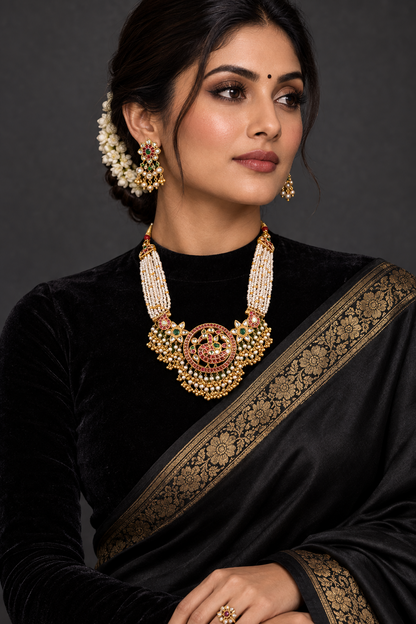 Guttapusalu necklace bridal necklace polki necklace diamond Jewelry necklace Pearl necklace statement jewelry silver necklace 925 silver with 22k gold plated - SHABURIS