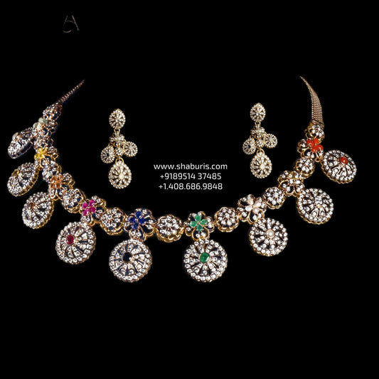 Cocktail necklace Navaratan jewelry silver necklace 925 silver with 22k gold plated - SHABURIS