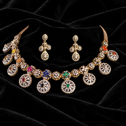 Cocktail necklace Navaratan jewelry silver necklace 925 silver with 22k gold plated - SHABURIS