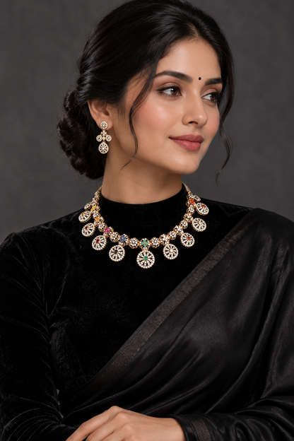 Cocktail necklace Navaratan jewelry silver necklace 925 silver with 22k gold plated - SHABURIS