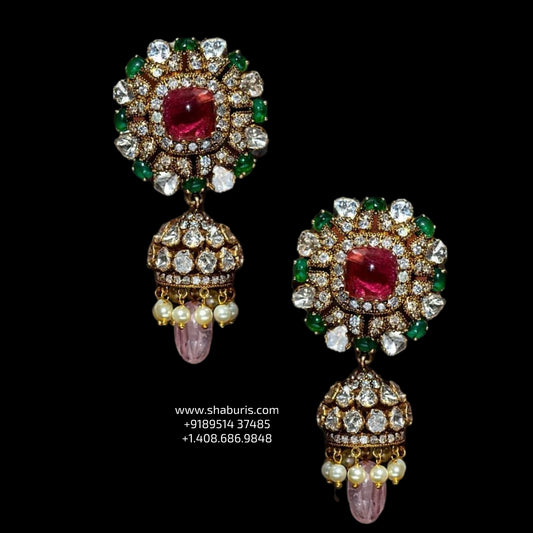 Polki jhumkas antique studs diamond studs - 925 silver Jewelry , South Indian Jewelry,bridal choker,Indian Wedding Jewelry,pure Silver indian jewelry - SHABURIS