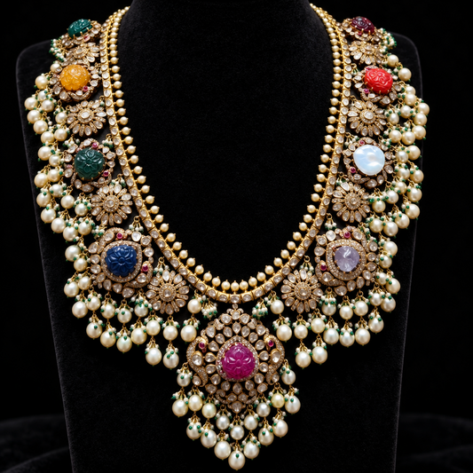 Navaratan necklace guttapusalu silver necklace 925 silver with 22k gold plated - SHABURIS
