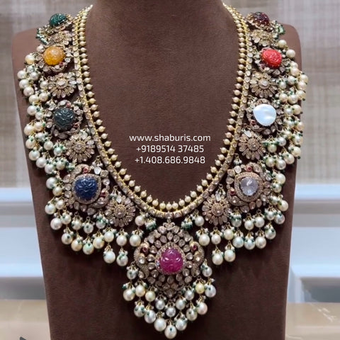 Navaratan necklace guttapusalu silver necklace 925 silver with 22k gold plated - SHABURIS