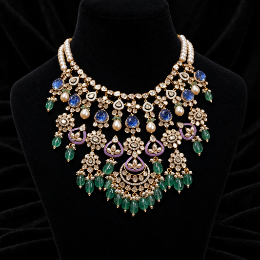 Polki necklace wedding jewelry silver necklace 925 silver with 22k gold plated - SHABURIS