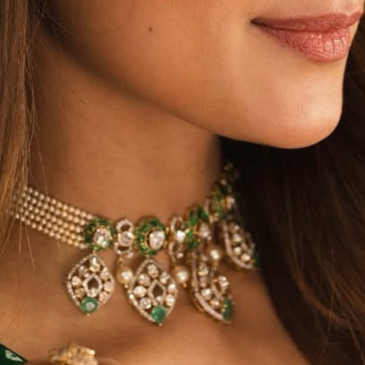 Polki necklace wedding jewelry silver necklace 925 silver with 22k gold plated - SHABURIS