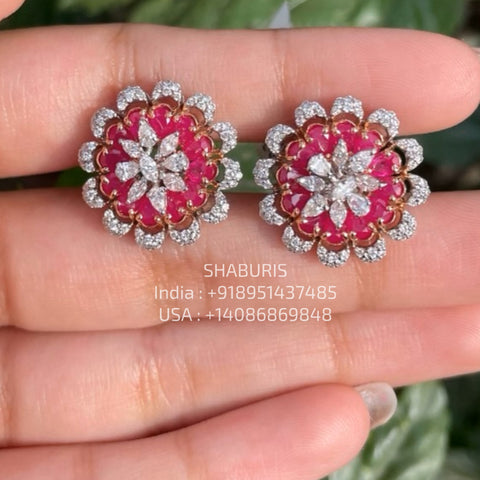 Pink Saphire Studs Polki Studs - Diamond Studs - Cocktail Jewelry - 925 silver Jewelry , South Indian Jewelry,bridal choker,Indian Wedding Jewelry,pure Silver indian jewelry - SHABURIS