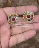 Navaratan Studs Polki Studs - Diamond Studs - Cocktail Jewelry - 925 silver Jewelry , South Indian Jewelry,bridal choker,Indian Wedding Jewelry,pure Silver indian jewelry - SHABURIS