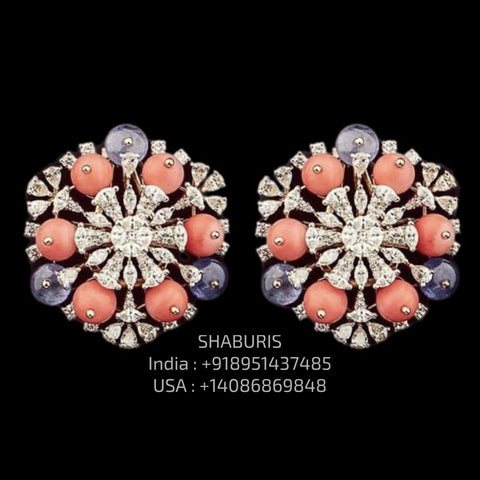 Tanzanite Studs - Diamond Studs - Cocktail Jewelry - 925 silver Jewelry , South Indian Jewelry,bridal choker,Indian Wedding Jewelry,pure Silver indian jewelry - SHABURIS
