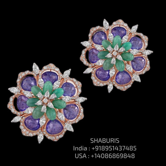 Tanzanite Studs - Diamond Studs - Cocktail Jewelry - 925 silver Jewelry , South Indian Jewelry,bridal choker,Indian Wedding Jewelry,pure Silver indian jewelry - SHABURIS