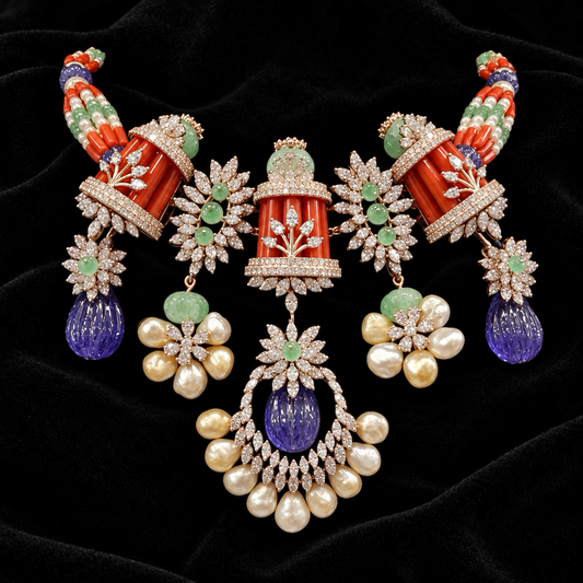 Coral necklace diamond Jewelry necklace Pearl necklace statement jewelry silver necklace 925 silver with 22k gold plated - SHABURIS