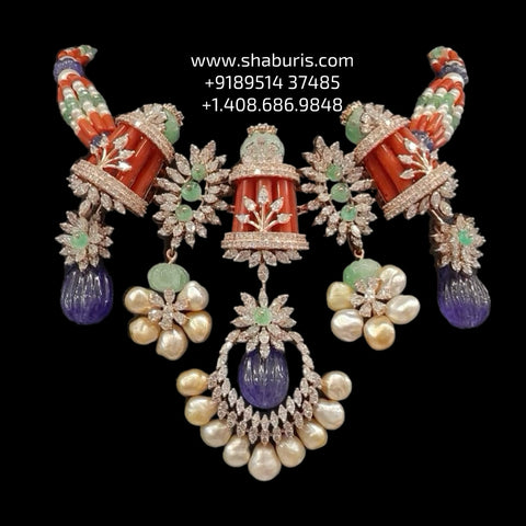 Coral necklace diamond Jewelry necklace Pearl necklace statement jewelry silver necklace 925 silver with 22k gold plated - SHABURIS
