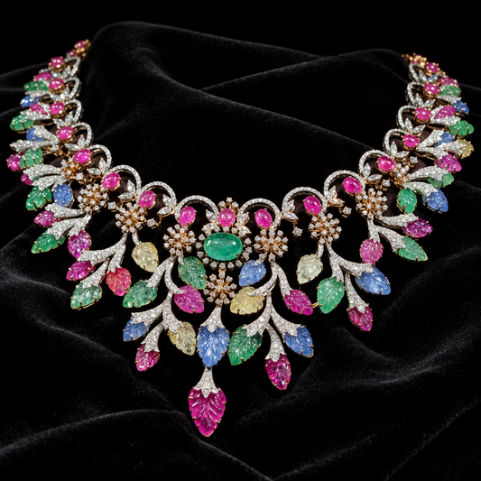 Navratan Diamond necklace Pure Silver jewelry Indian diamond Necklace-SHABURIS