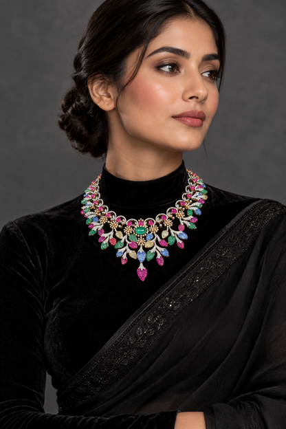 Navratan Diamond necklace Pure Silver jewelry Indian diamond Necklace-SHABURIS