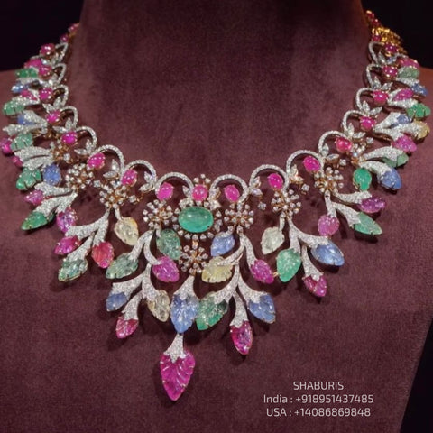 Navratan Diamond necklace Pure Silver jewelry Indian diamond Necklace-SHABURIS
