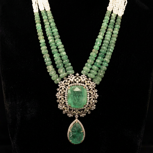 Emerald Beads necklace Pure Silver jewelry Indian diamond Necklace-SHABURIS
