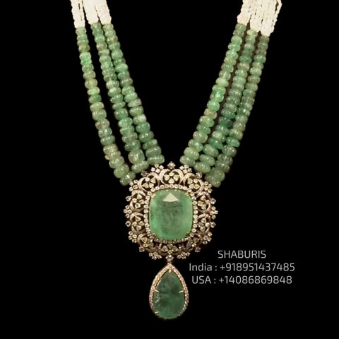 Emerald Beads necklace Pure Silver jewelry Indian diamond Necklace-SHABURIS