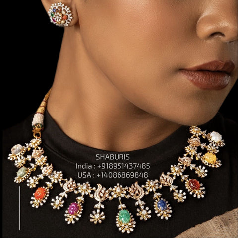 Navaratan necklace Pure Silver jewelry Indian diamond Necklace-SHABURIS