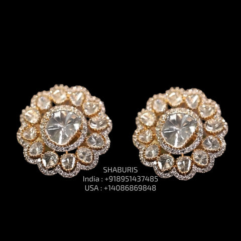 Polki Studs - Diamond Studs - Cocktail Jewelry - 925 silver Jewelry , South Indian Jewelry,bridal choker,Indian Wedding Jewelry,pure Silver indian jewelry - SHABURIS