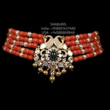 Coral mala,coral pendent,Pure silver coral choker Indian necklace ,Moissanite-NIHIRA-SHABURIS