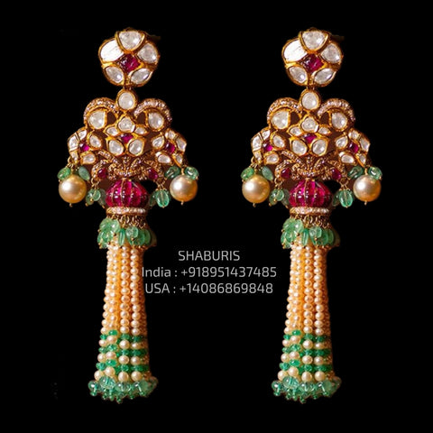 Polki Tassel Earrings - Diamond Studs - Cocktail Jewelry - 925 silver Jewelry , South Indian Jewelry,bridal choker,Indian Wedding Jewelry,pure Silver indian jewelry - SHABURIS