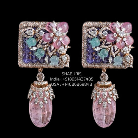 Pink Saphire Earrings - Diamond Studs - Cocktail Jewelry - 925 silver Jewelry , South Indian Jewelry,bridal choker,Indian Wedding Jewelry,pure Silver indian jewelry - SHABURIS