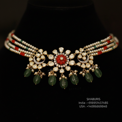 Pearl Necklace Coral Necklace Emerald Necklace 925 Silver Jewelry -SHABURIS