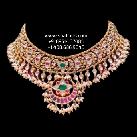 Guttapusalu Bridal necklace diamond Jewelry necklace Pearl necklace statement jewelry silver necklace 925 silver with 22k gold plated - SHABURIS